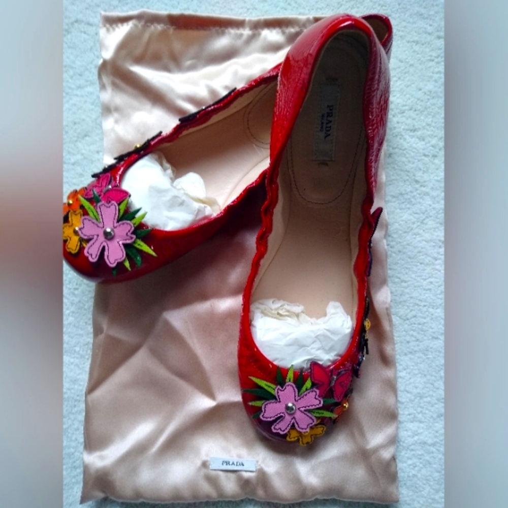 Prada patent leather floral ballet flats